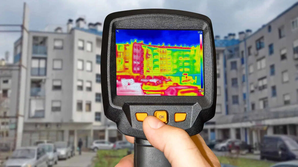 Termografía de la fachada de un edificio, en la que se ve la cantidad de calor que se escapa por muros y ventanas